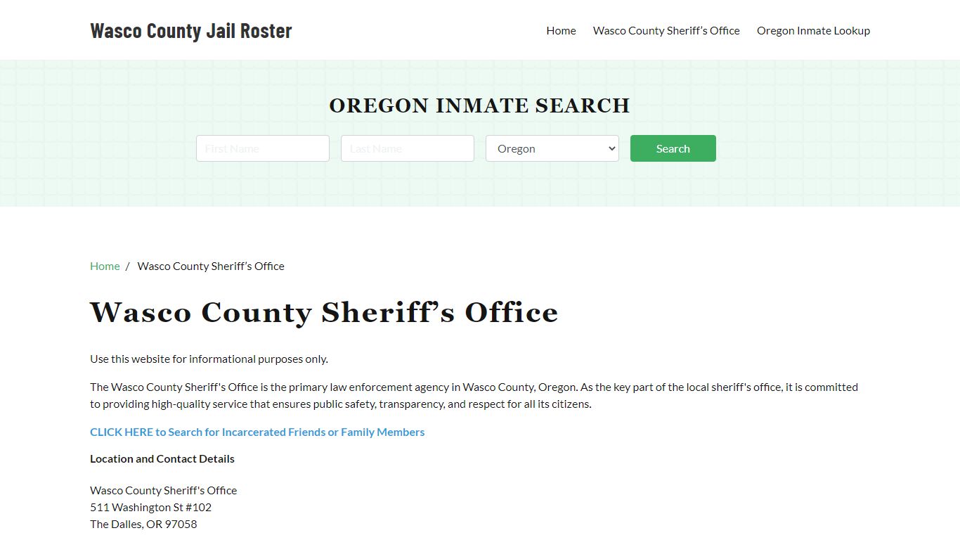 Wasco County Sheriff Office, OR, Arrest Warrants Search